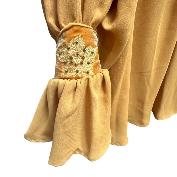 XOXO‎ Embroidered Velvet Accented Blouse Peasant Gold Flowy Glam Y2K Size S - Picture 4 of 7